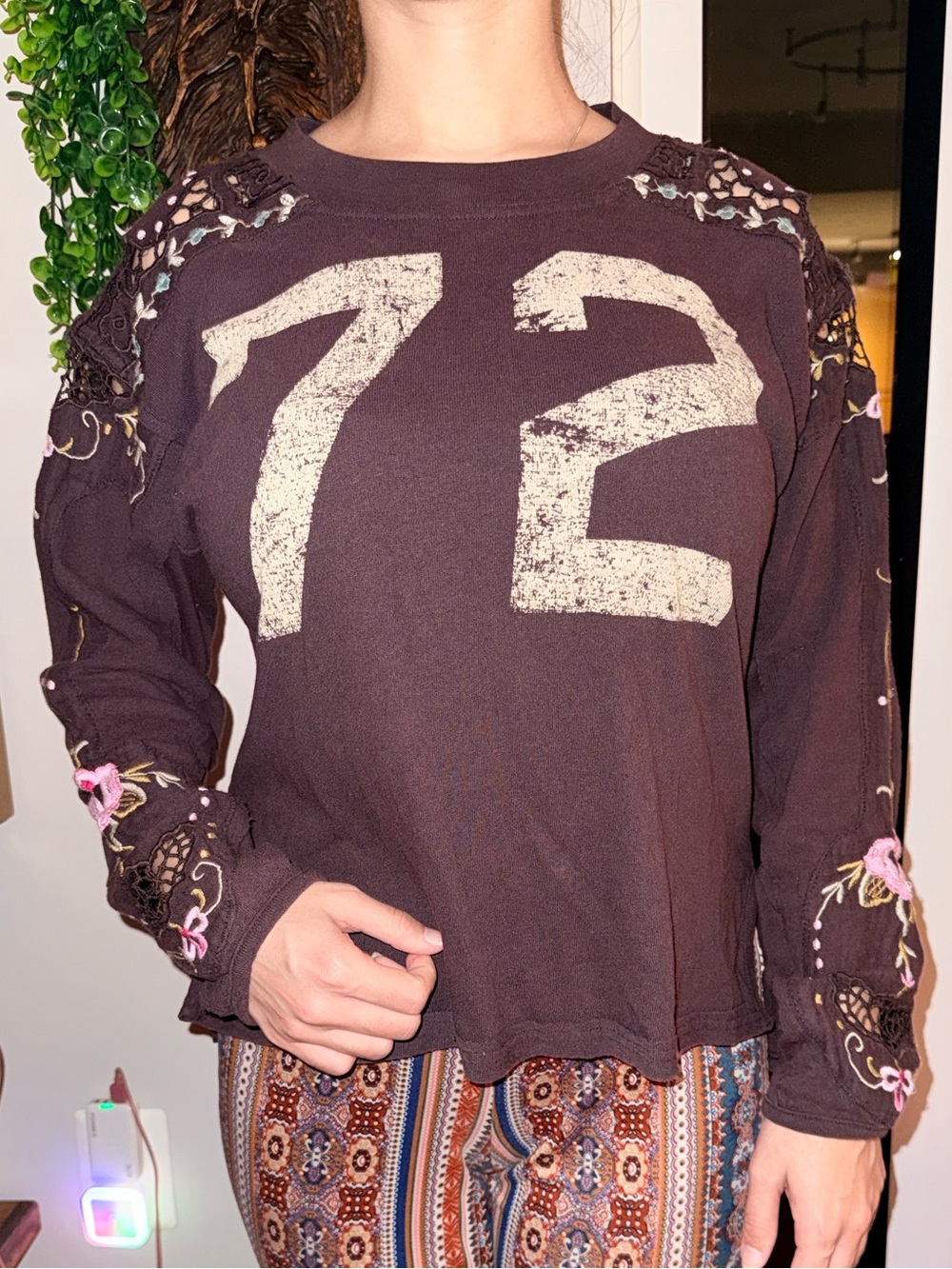 Free People Chocolate Brown Embroidered Floral Long Sleeve Tee